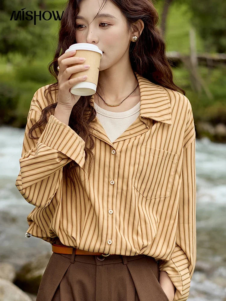 MISHOW Loose Lapel Collar Stripe Fake Two Piece Splicing Shirt for Women 2025 O-neck Asymmetric Square Pocket Shirts MXD43C0303