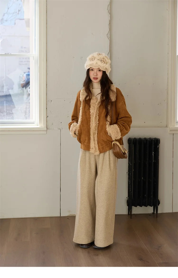 MISHOW Woman Short Jacket 2025 Winter Retro Brown Suede Patchwork Fur Coat Loose Faux Lambswool Turn Down Collar Coat MXE89W0895