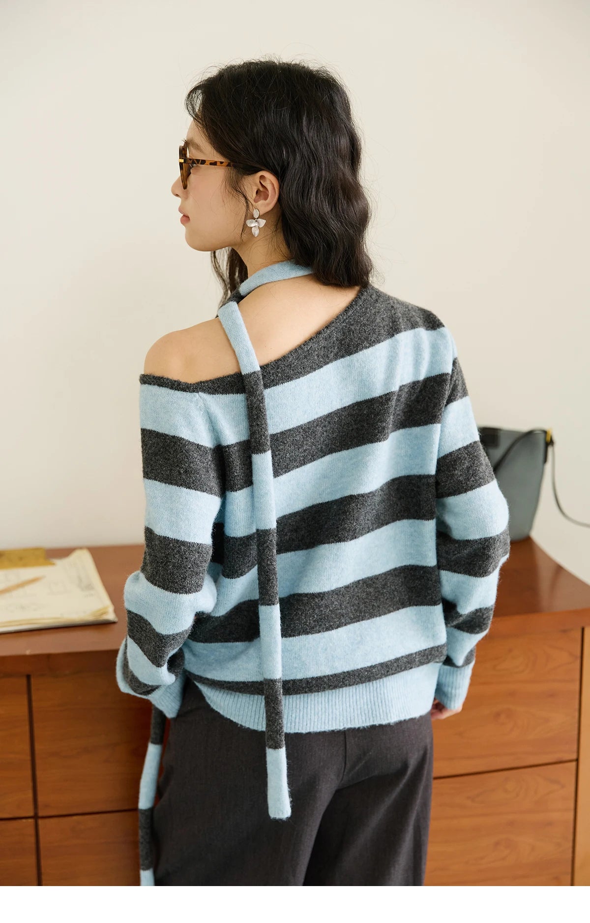 MISHOW Blue Gray Stripe Knitted Top 2025 Autumn Slanted Shoulder Collar Sweaters with Ribbon Loose Wool Blend Sweater MXE46Z2540