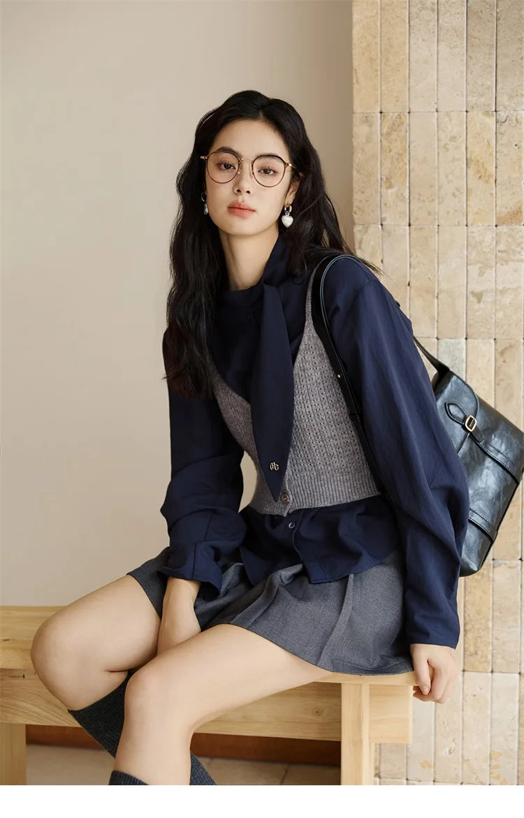 MISHOW Woman Shirt Set 2025 Autumn Fashion New Navy Blue Ribbon Design Layered Shirt Knit Camisole Two-piece Suit MXE47T1412