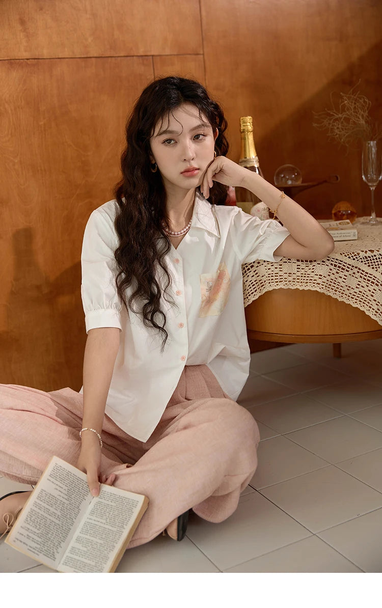 MISHOW Women's 100 Cotton Short Sleeved Shirt Loose 2025 Summer Embroidered Pocket Top Polo Neck Puff Sleeve Shirts MXD26C0243