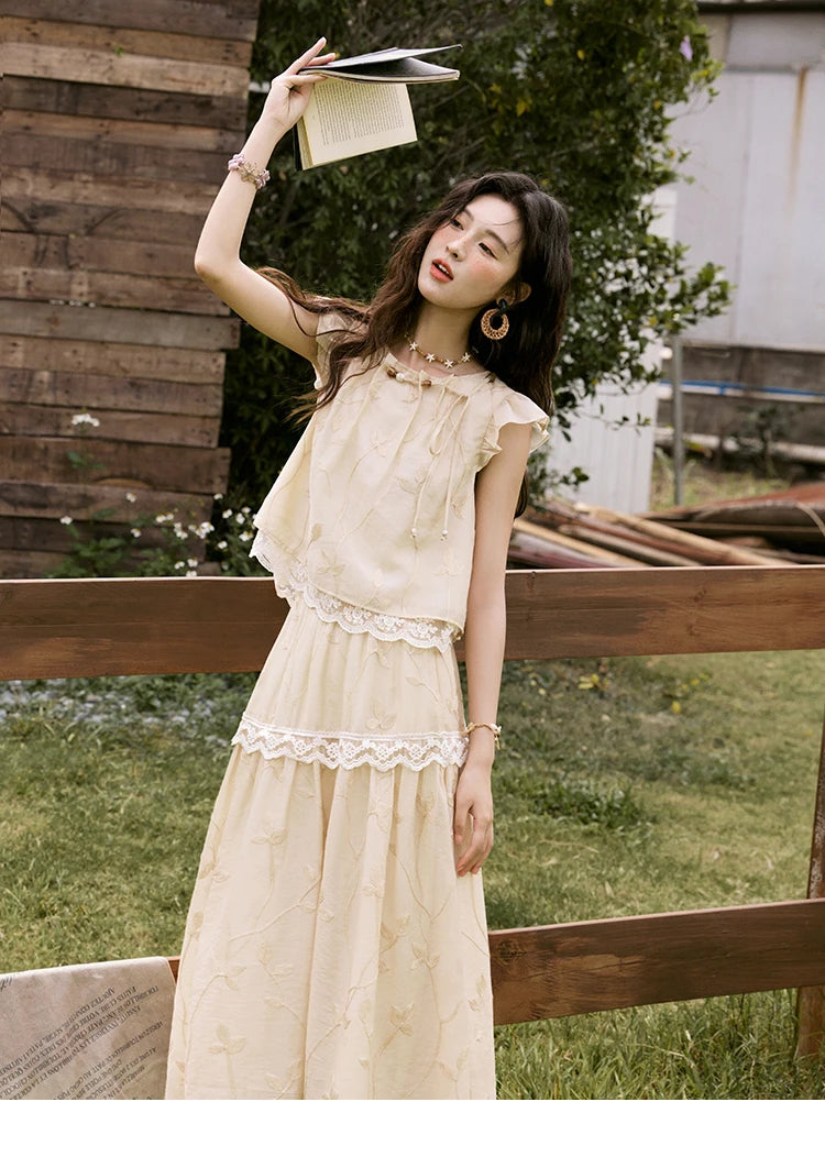 MISHOW Sweet Summer Skirt Sets Women New 2025 Short Flying Sleeve Round Neck Tops Hollow Embroidery A-line Skirt Lady MXE33T0545