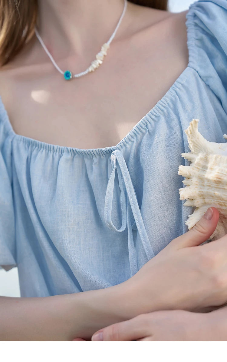 MISHOW French Square Neck Tied Lantern Sleeve Blouses 2025 Summer Double Layered Hem Puff Sleeve Solid Sweet Tops MXD26X1551