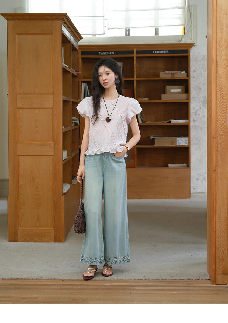 MISHOW Fashion Fungus Edge Puff Sleeve Blouses for Woman 2025 Summer O-Neck French Sweet Loose Top Ladies Clothing MXE39X1941