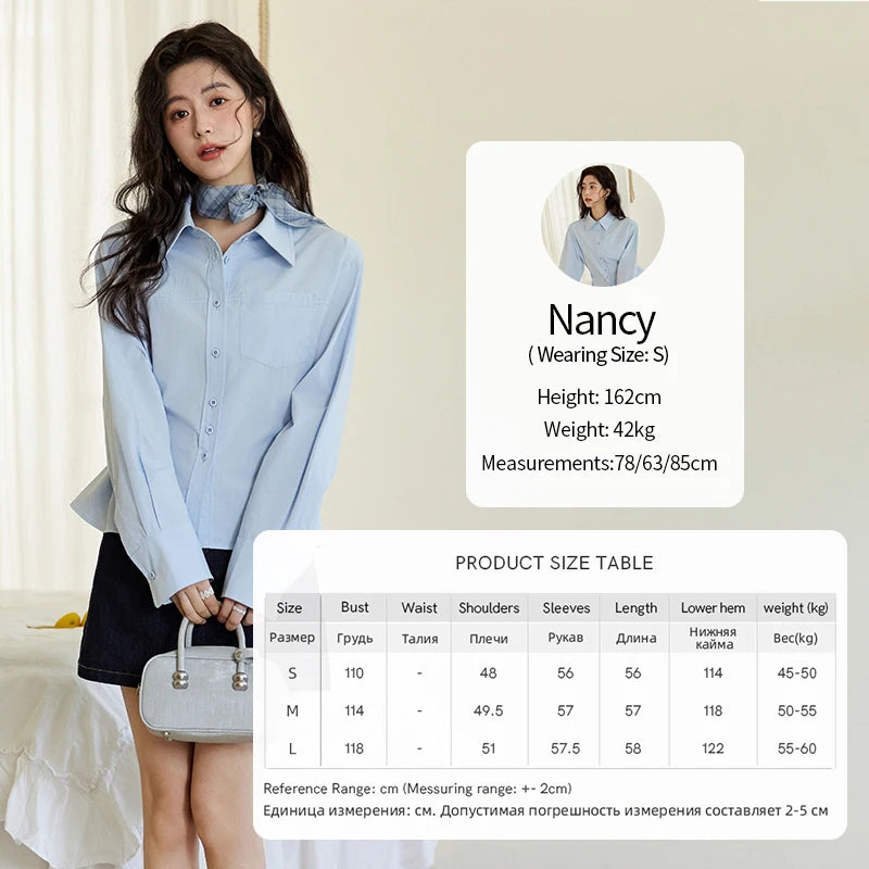 MISHOW Women's French Blue Shirt Long Sleeve 2025 Spring Polo Collar Waist Pocket Versatile Shirt Single Breasted Top MXE14C0753