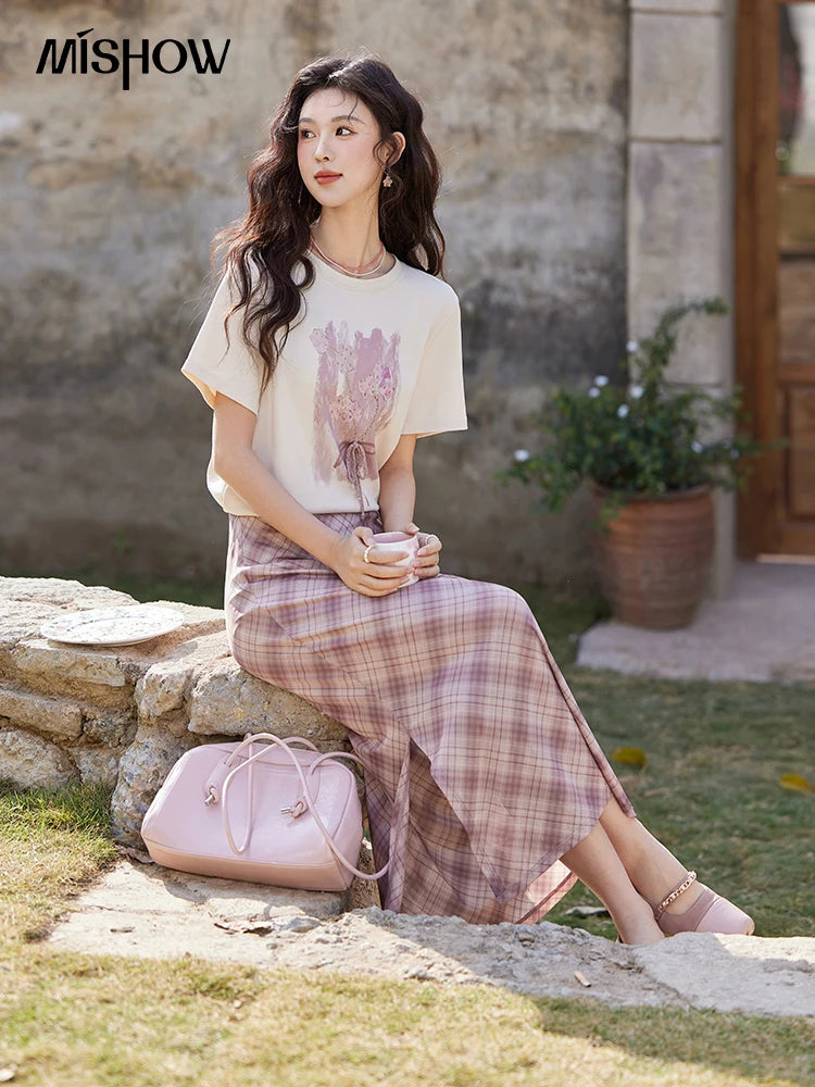 MISHOW Iris Cool Cotton T-shirt for Women Spring 2025 Spray Printing Slim Tees Round Neck Breathable Versatile Top MXE13T0453