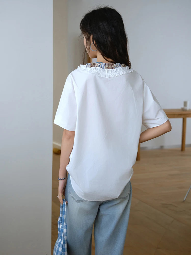 MISHOW Fashion V-neck Shirt for Women Summer 2025 Thin Short Sleeve Patchwork Double Layer Fungus Edge Button Top MXE35X1793