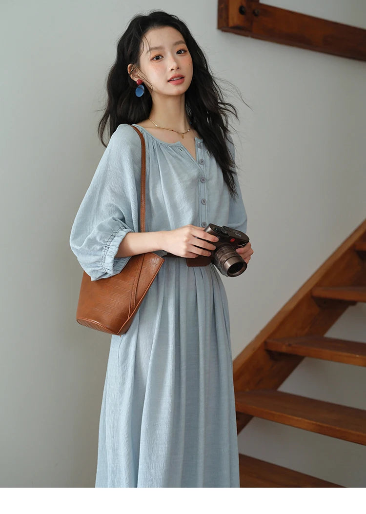 MISHOW Women's Half Sleeve Button Bamboo Knot Dress with Bohemian Belt 2025 Autumn Blue Long Dress Ladies Clothing MXE20L2468