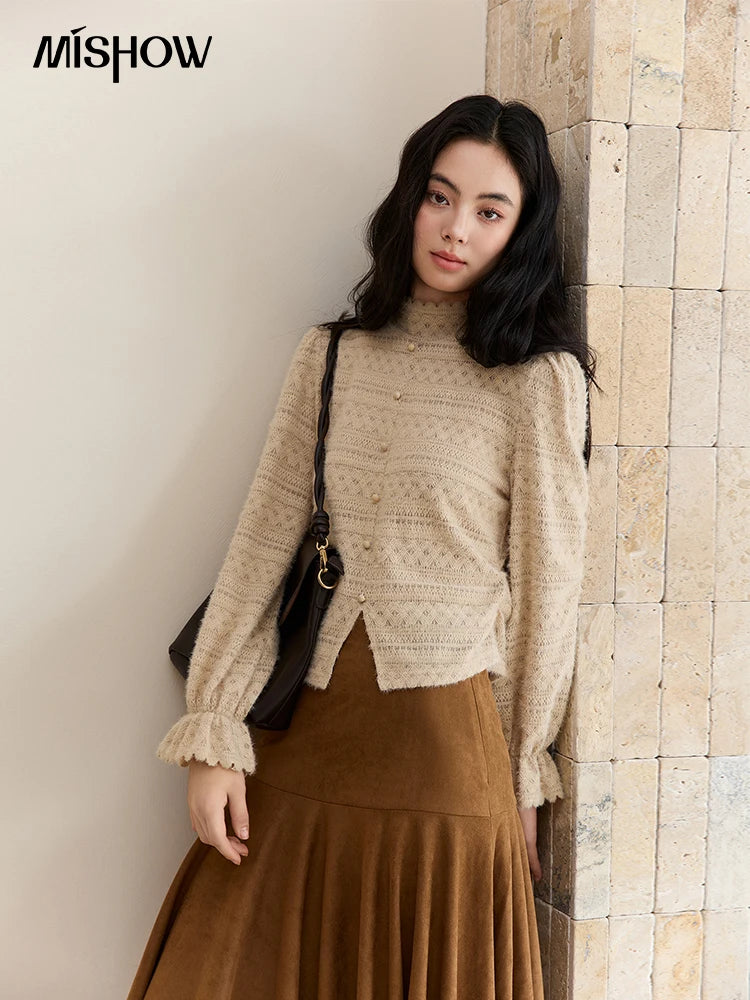 MISHOW Women's Casual Shirt 2025 Autumn Design Sense Elegant Lace Shirt New Half-high Collar Waist Slit Slim Tops MXE48X2501