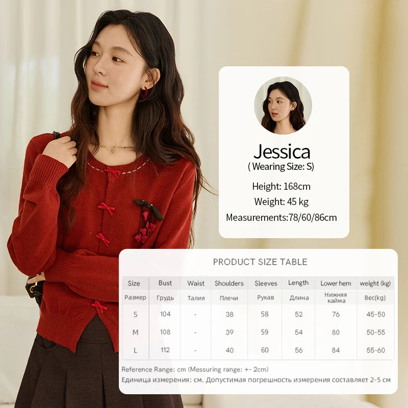 MISHOW Christmas Soft Knitted Cardigan Autumn Bow Placket Retro with Brooch Lantern Sleeve Sweaters O Neck Solid Top MXE45Z1377