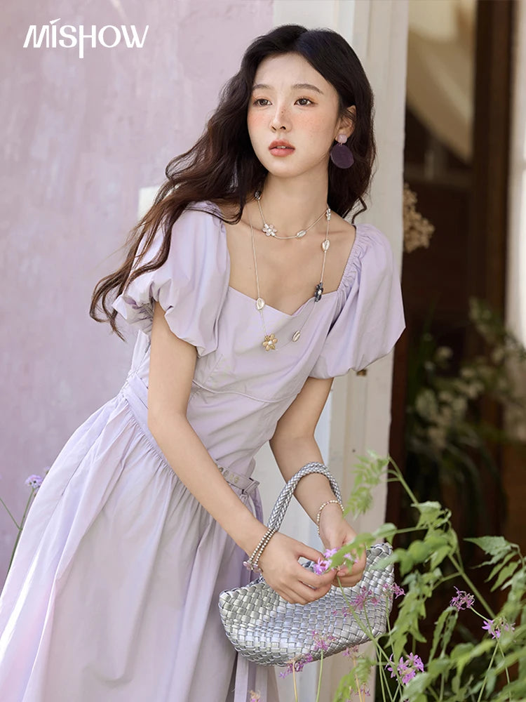 MISHOW French Purple Dresses Women Summer 2025 Solid Short Puff Sleeve Square Neck Slimming Dress Woman New Fashion MXE34L2222