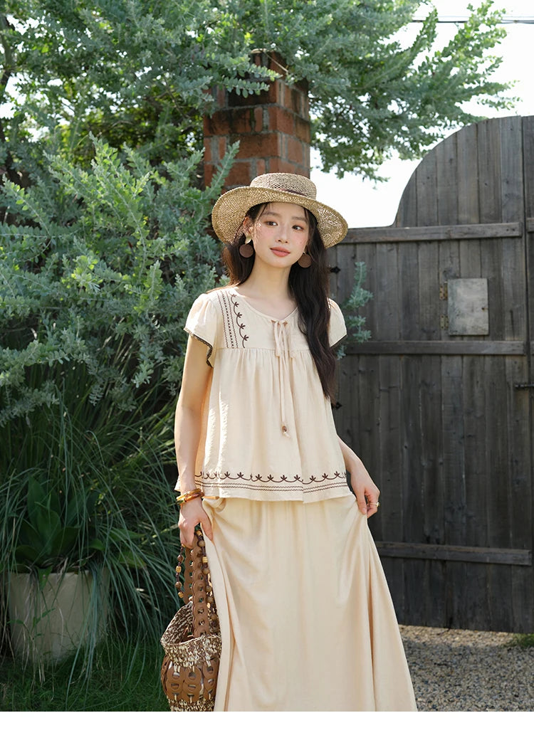 MISHOW Women Two Piece Set 2025 Summer Female Embroidery Flying Sleeve Lace Spliced Top Loose Elastic Waist Skirt Set MXE39T0667