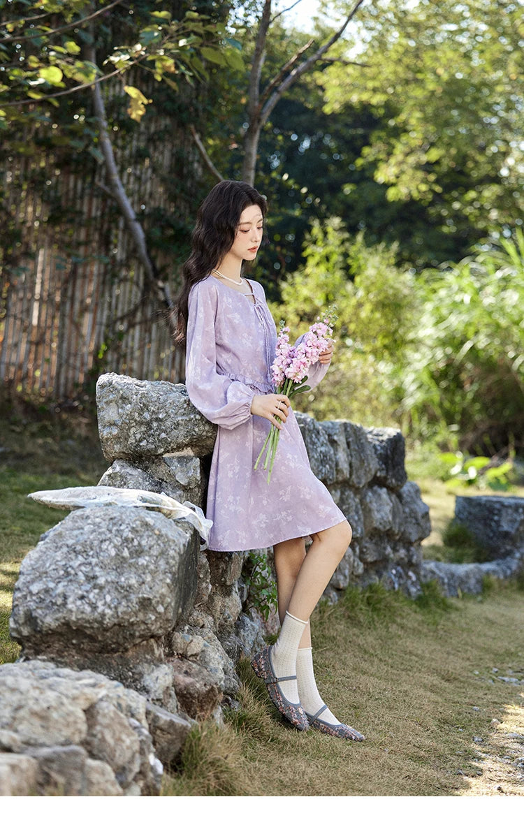 MISHOW Iris Chiffon Dress for Women Spring 2025 Waist Slim Black Fungus Edge Straps Dresses Purple Floral Fairy Dress MXE13L2095