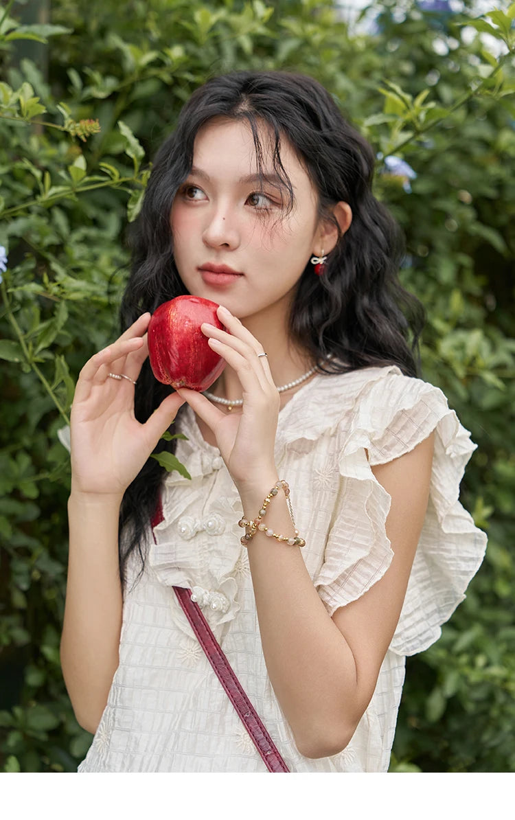 MISHOW Chinese Retro Button Up Blouse for Women 2024 Summer Flying Sleeve Chiffon Embroidery V-Neck Top with Camisole MXD21X1374