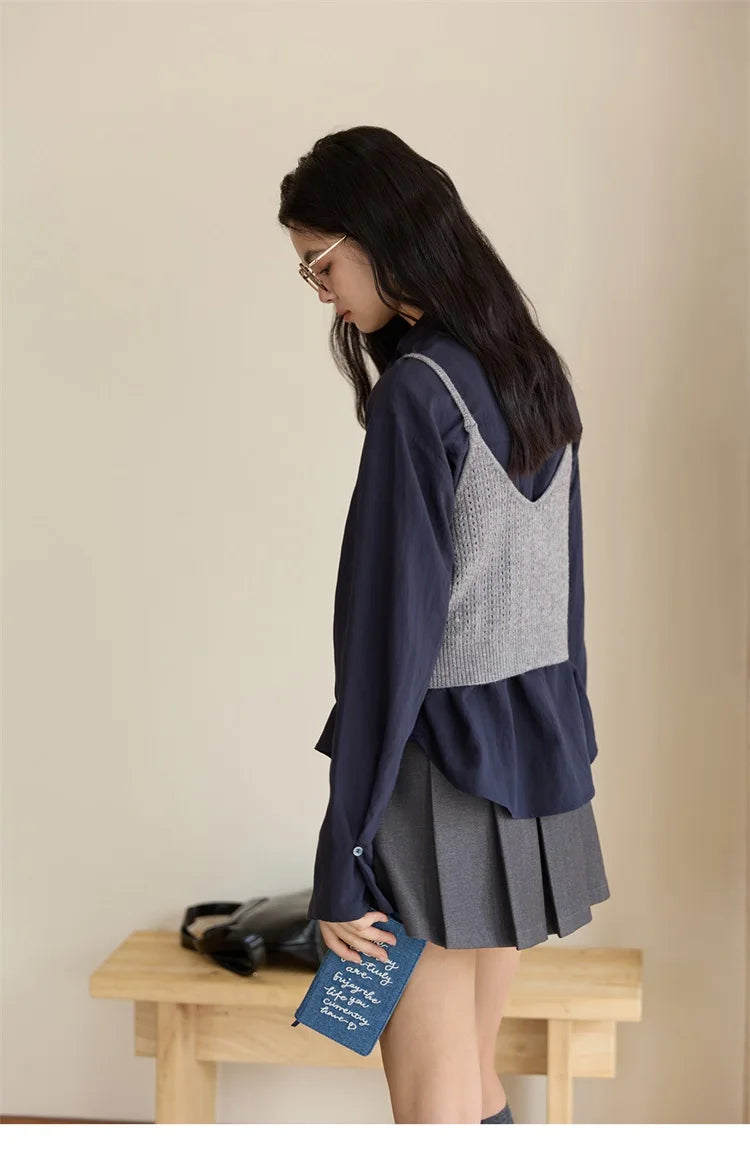 MISHOW Woman Shirt Set 2025 Autumn Fashion New Navy Blue Ribbon Design Layered Shirt Knit Camisole Two-piece Suit MXE47T1412