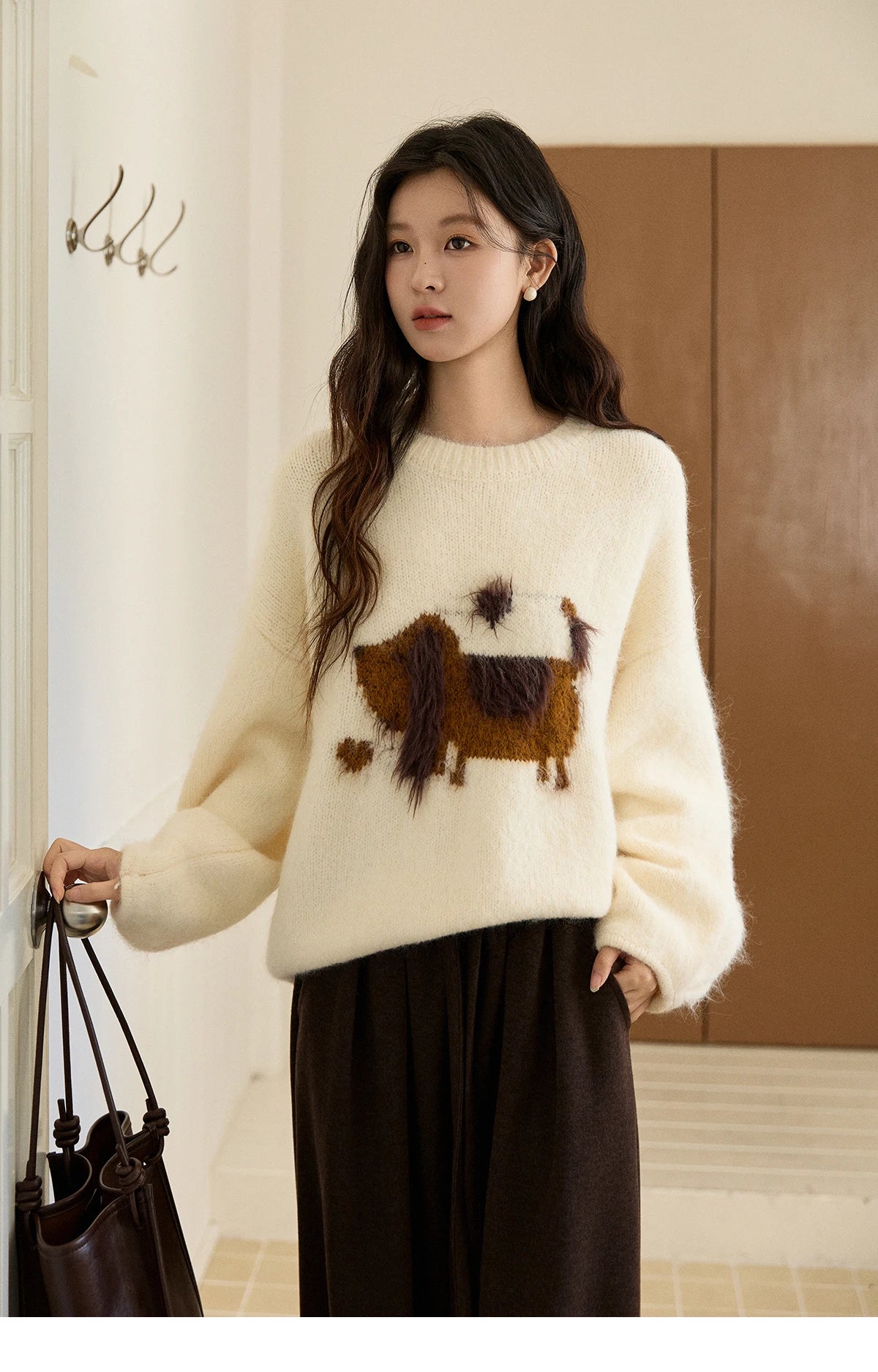 MISHOW Women's Solid Knitted Sweater 2025 Autumn Winter Dog Pattern Jacquard Crew Neck Fluffy Warm Loose Pullover Top MXE94Z2988