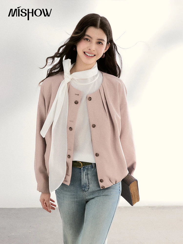 MISHOW Women's White Blouse Spring Bow Tie Neck Lantern Sleeve Patchwork Lace Blouses Casual Elegant Top Office Lady MXF108C0814