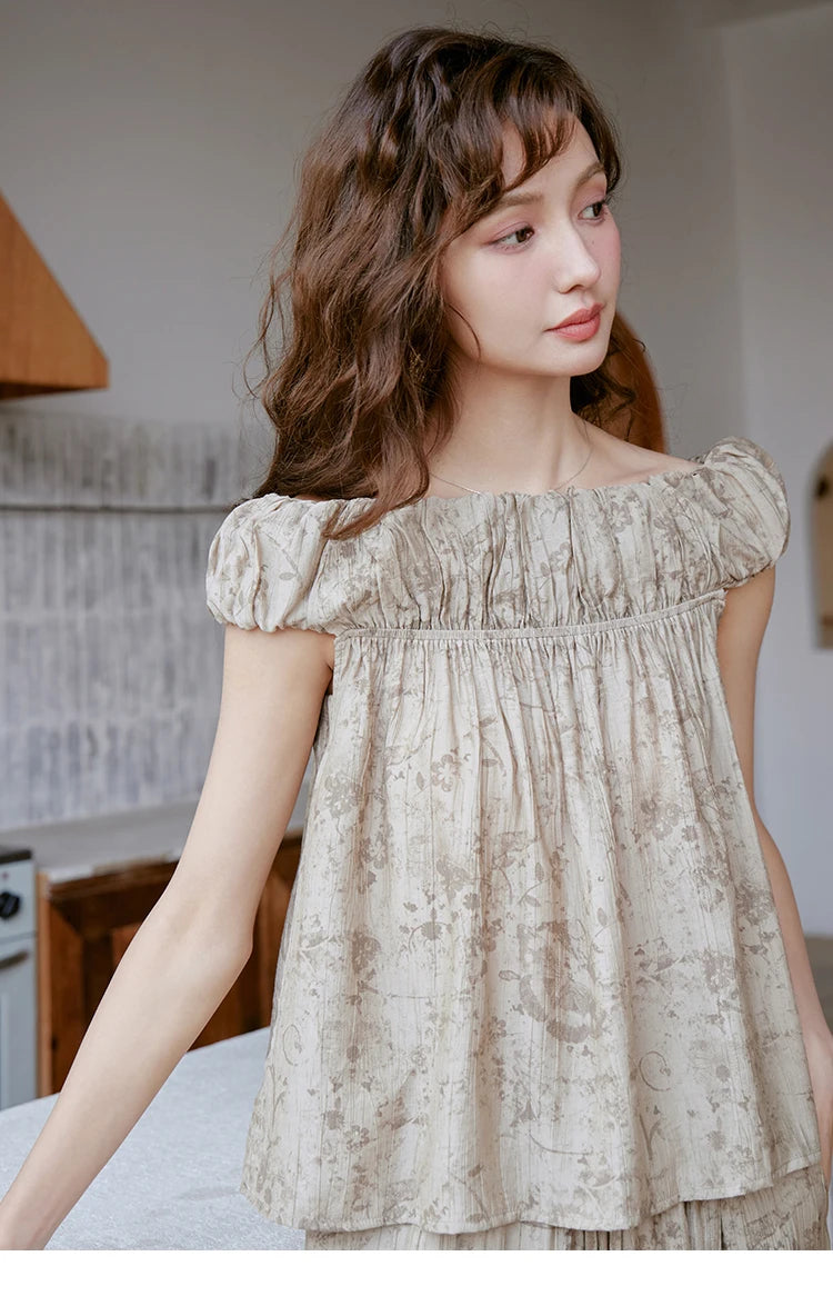 MISHOW Ink Printing Slash Neck Top Wide Leg Trouser Separately Summer Elastic Waist Pants Folds Chiffon Office Lady MXC39X1298