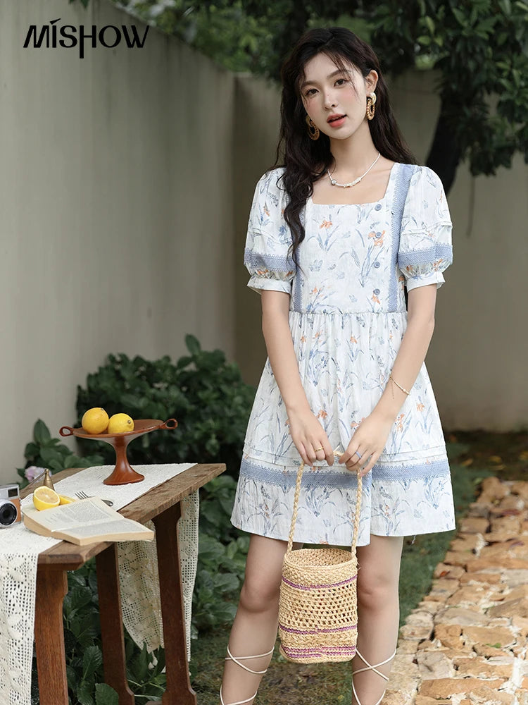 MISHOW Ink Wash Printed Fabric Dress for Women 2025 Summer French Oil Painting Square Neck Splicing Lace Doll Dresses MXD29L1932