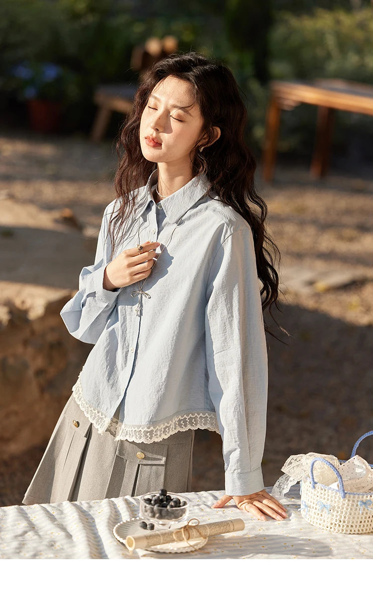 MISHOW Women's 100 Cotton Blue Shirt Spring 2025 Hem Lace Shirt Lapel Collar Commute Top Casual Solid Loose Shirts MXE12C0410