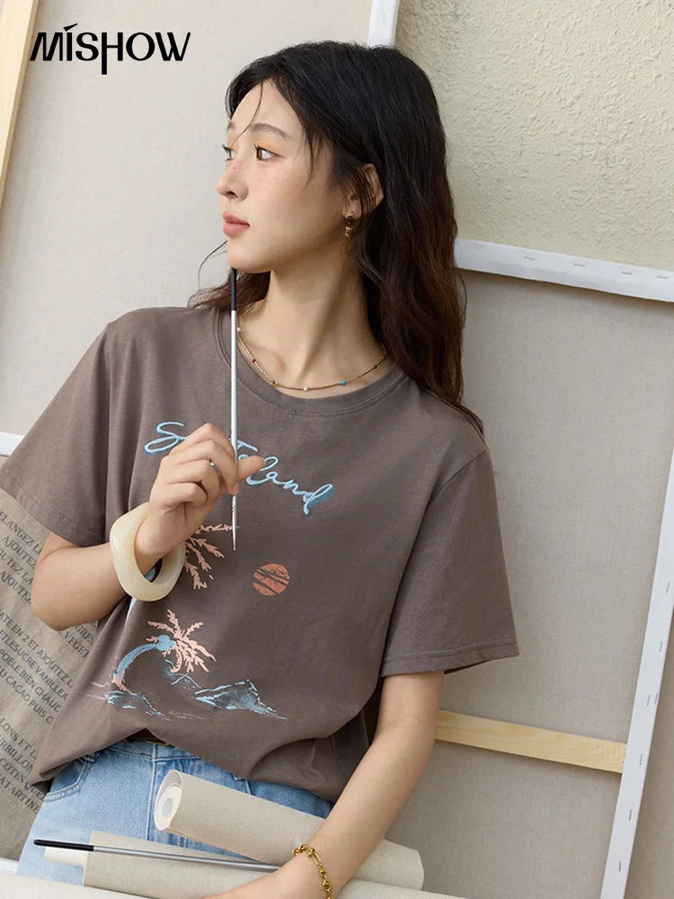 MISHOW Casual Print Shirts Women Summer New 2025 Short Sleeve Round Neck Loose Pure Cotton T-shirt Female Fashion MXE31T0533