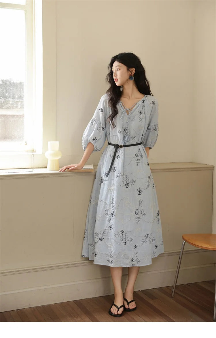 MISHOW Blue Flower Embroidered Dress 2025 Autumn Seven Cent Lantern Sleeve Tassel Tie Rope V-neck Dresses with Belt MXE42L2493