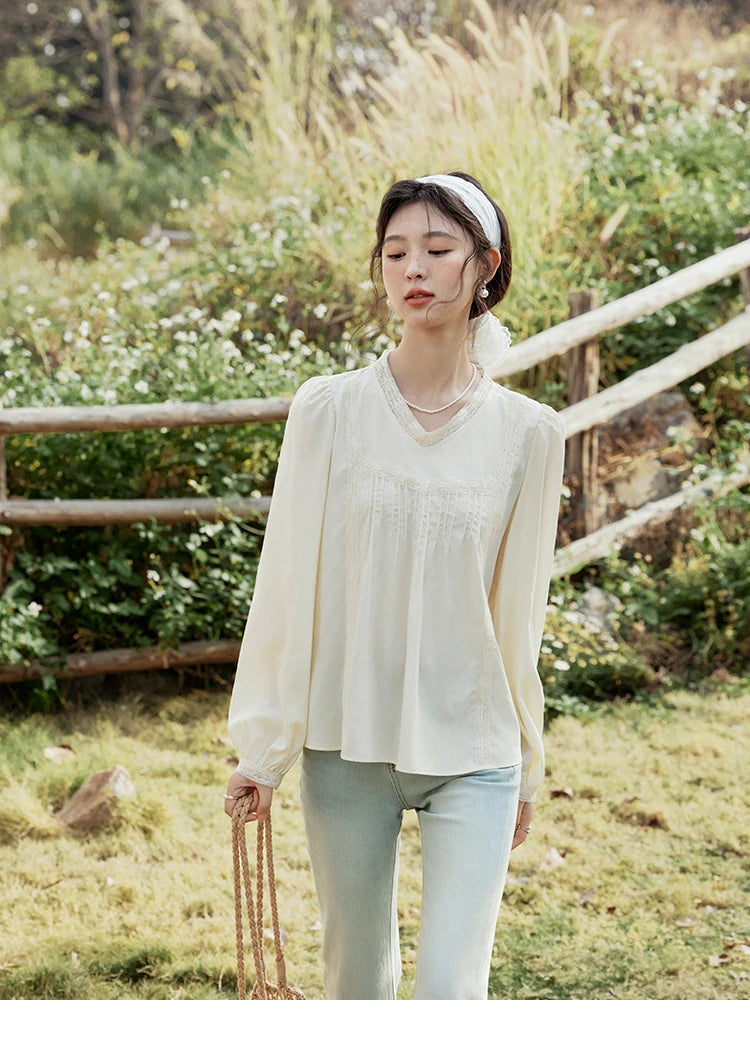 MISHOW Women's Lyocell Blouse 2025 Spring Summer Lace V-neck Commuting Top Puff Sleeve Solid Loose Blouse Office Lady MXE15X1735