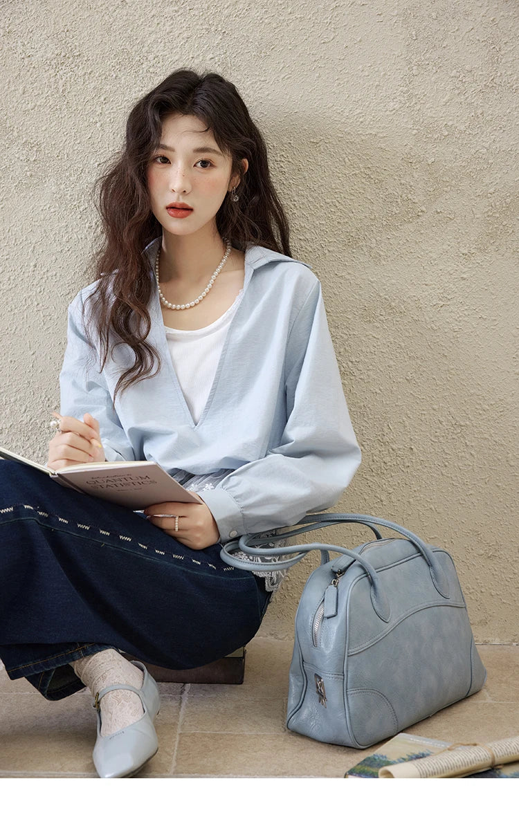 MISHOW French Spring Shirts Women 2025 Long Sleeve Turn-down Collar Fake Two-piece Blouses Female Splicing Lace Tops MXE16C0783