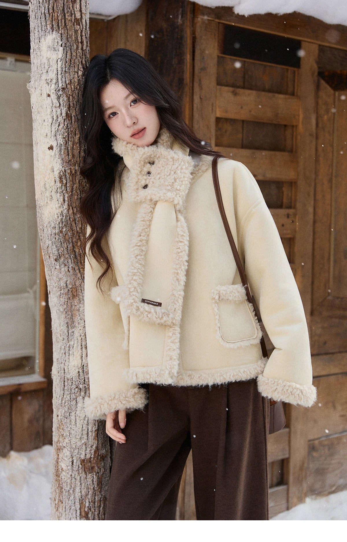 MISHOW Women's Cream Yellow Faux Suede Coat 2025 Winter Included Scarf Thickened Coats Soft Fleece Lined Outerwear MXE91W1019