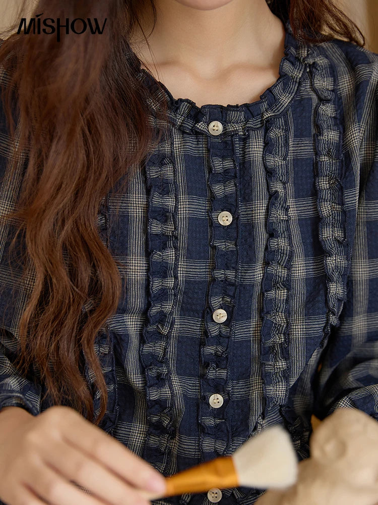 MISHOW Women's Vintage Blue Plaid Shirt 2025 Autumn New Elegant Luxury Loose Waist Shirts Round Neck Long Sleeved Top MXE45X2480