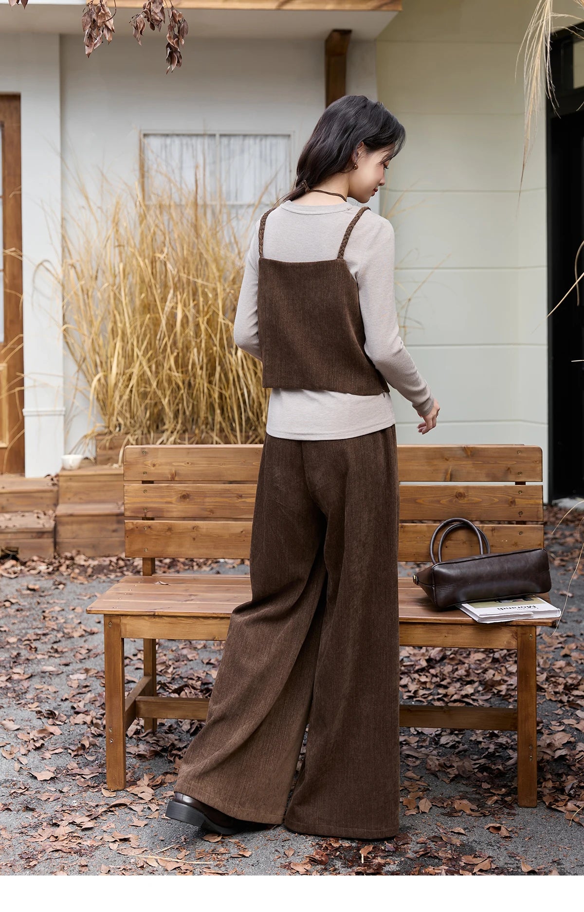 MISHOW Three-piece Suit Women 2025 Retro Brown Vest Wide-leg Pants Gray Long Sleeves Tops Autumn Women's Pants Set MXE49T1422