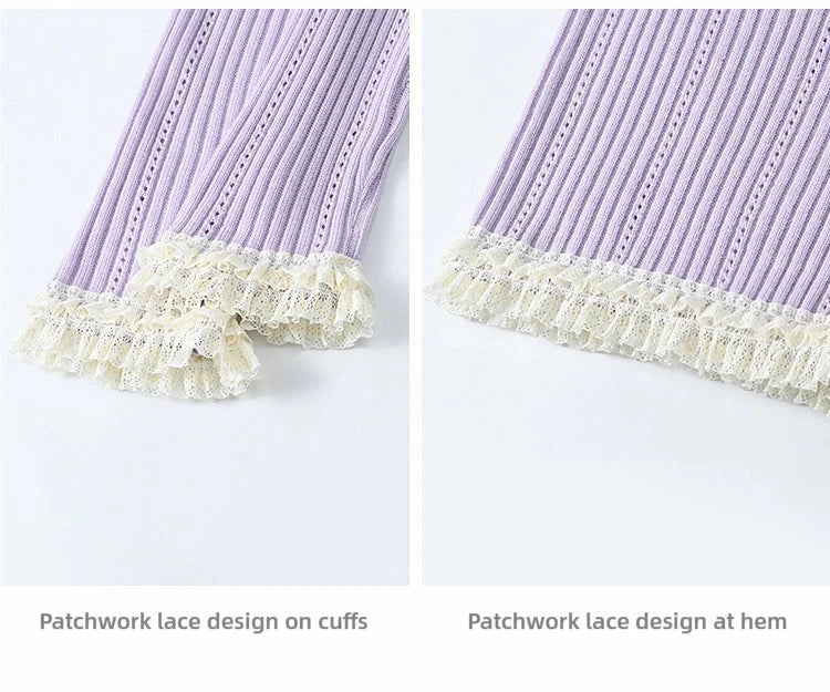 MISHOW Macaron Knitted Tops 2025 Spring Hollow Hook Flower Lace Splicing Tops Bow Embroidery O-neck Long Sleeve Tees MXE16Z1211