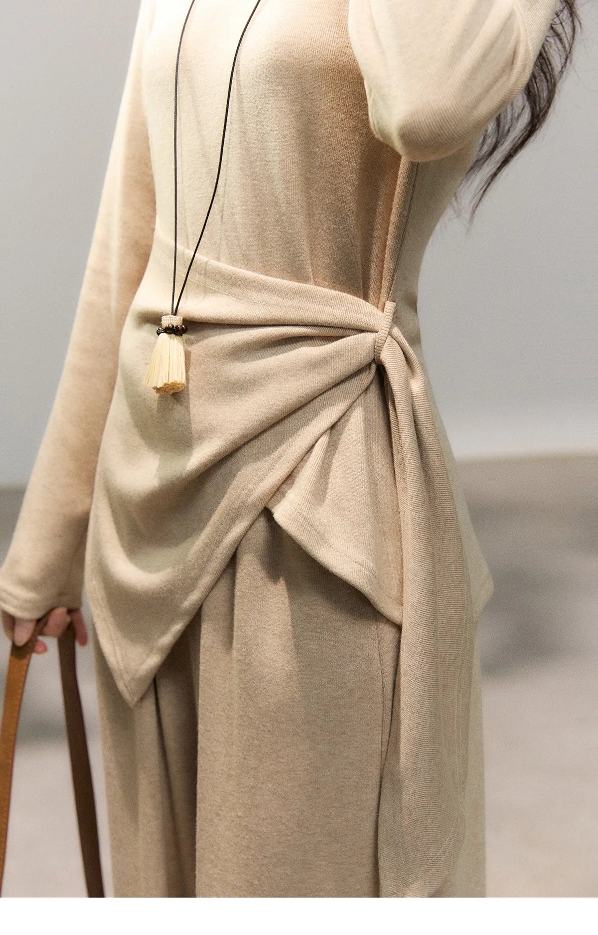 MISHOW Women's Khaki Knitted Two-Piece Set 2026 Spring Asymmetrical Hem Waist-Cinched Top Wide Leg Pants Casual Sets MXF11T1465