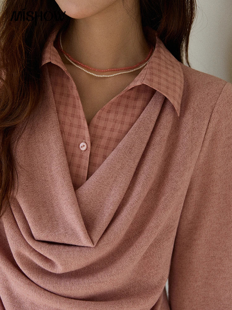 MISHOW Women Knit Top 2025 Winter Faux Two-piece Pullovers Retro Plaid Patchwork Draped Collar Luxury Design Pink Top MXE87Z2747