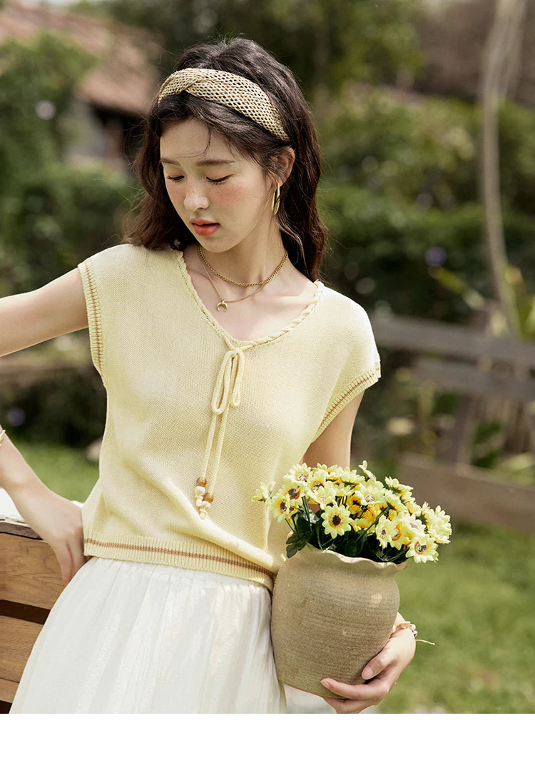 MISHOW Office Lady Summer Knitted Sweater V-neck Short Sleeve Solid Slimming Bead Design Pullover Female Lazy Tops MXE33Z1227