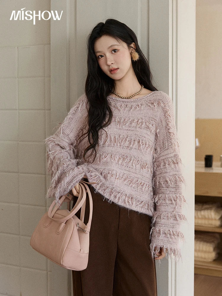 MISHOW Tassel Bead Wool Blended Sweater Autumn Winter 2025 Elegant Thick Knitted Sweater Loose Warm Tops Office Lady MXE90Z2822
