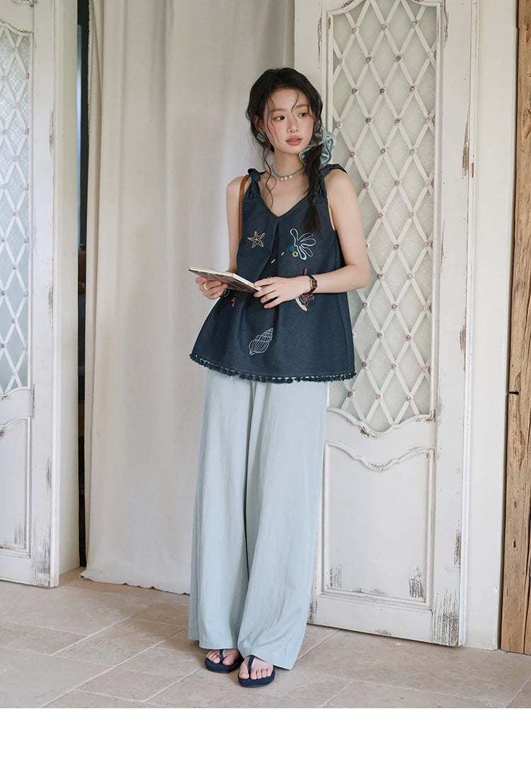 MISHOW Women's Fashion Strap Vest Summer 2025 Embroidery Lace Sleeveless Lady Camis Casual Vacation Tassel Denim Top MXE37X1860