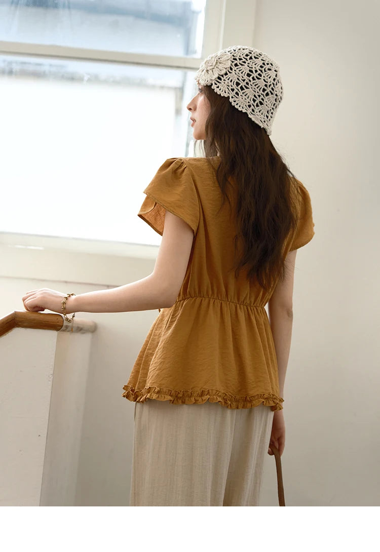 MISHOW Women's Petal Sleeve Slim Shirt 2025 Summer New V-neck Button Bead belt Black Fungus Edge Top Ladies Clothing MXE39X1881