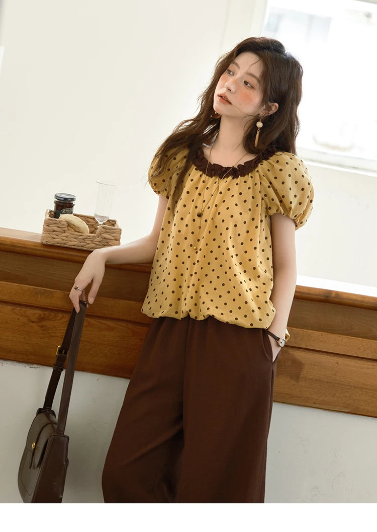 MISHOW 2025 Summer Women's Two Piece Set Polka Dot Puff Sleeve Top Casual Pocket Wide Leg Pants Set Female Clothing MXE39T0657