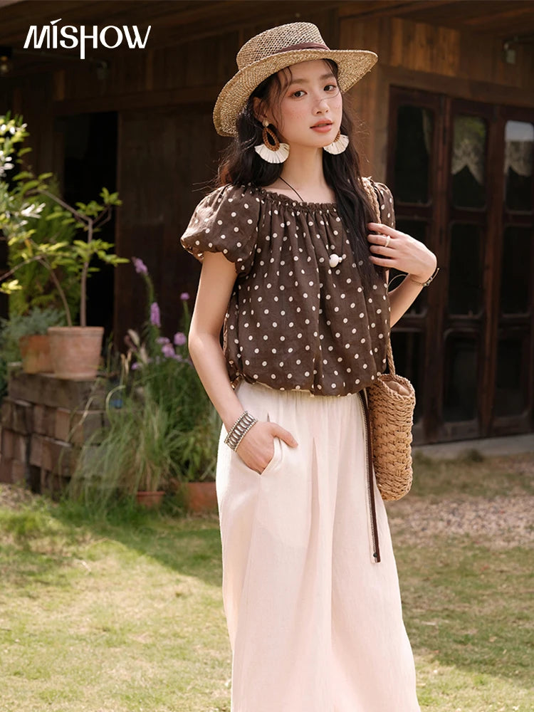 MISHOW Women's Two-Piece Set Fashion Polka Dot One Shoulder Puff Sleeve Blouse Summer 2025 Casual Wide Leg Pants Set MXE38T0683