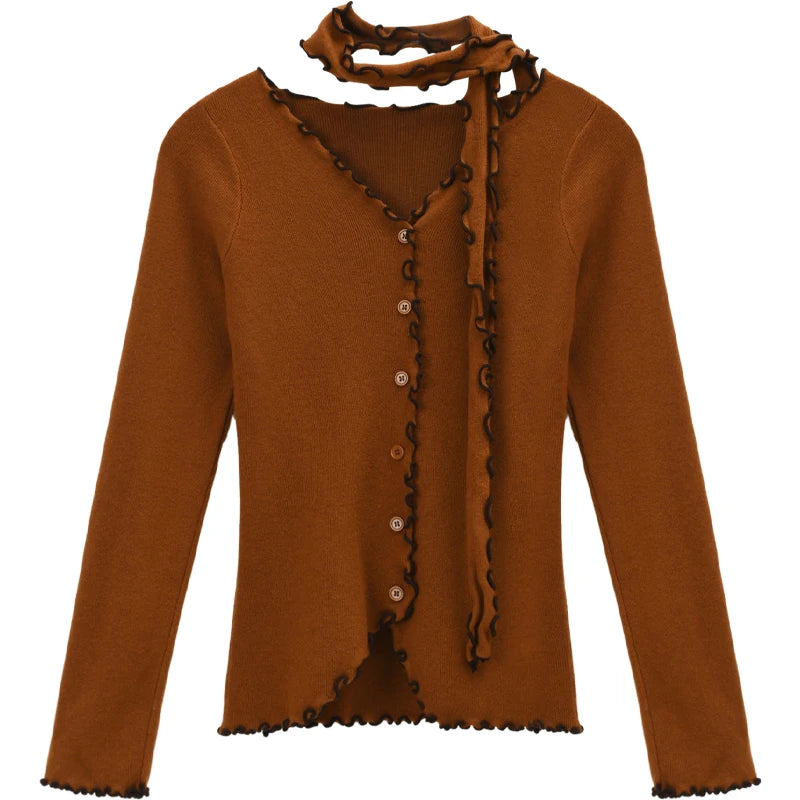 MISHOW New Ruffled Edge Knitted Pullovers for Woman 2025 Retro Slim V-neck Ribbon Knit Top Cmfortable Winter Clothes MXE86Z2728