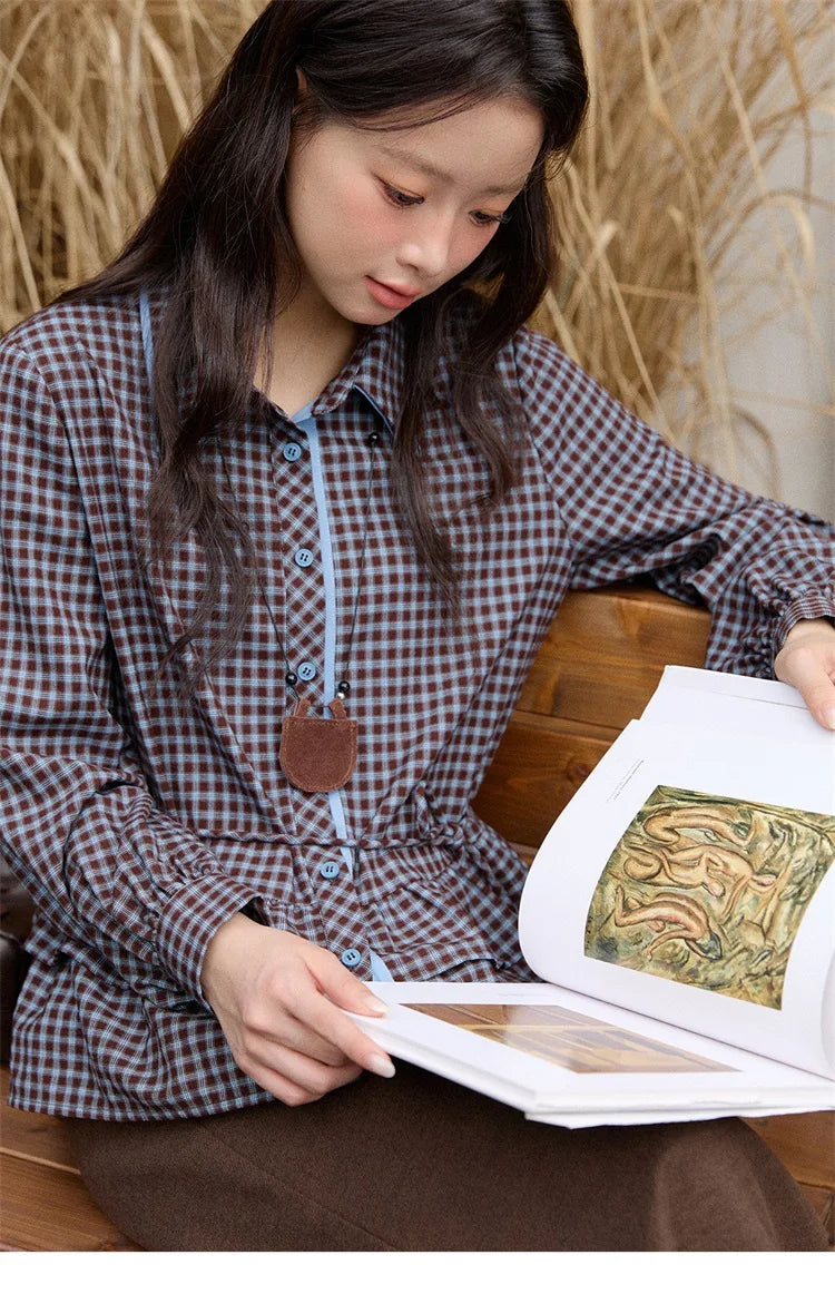 MISHOW Retro Blue Plaid Shirt for Women 2025 Autumn Winter Lapel Lantern Sleeves Ruffled Hem Top Slim Casual Shirt MXE89C2420