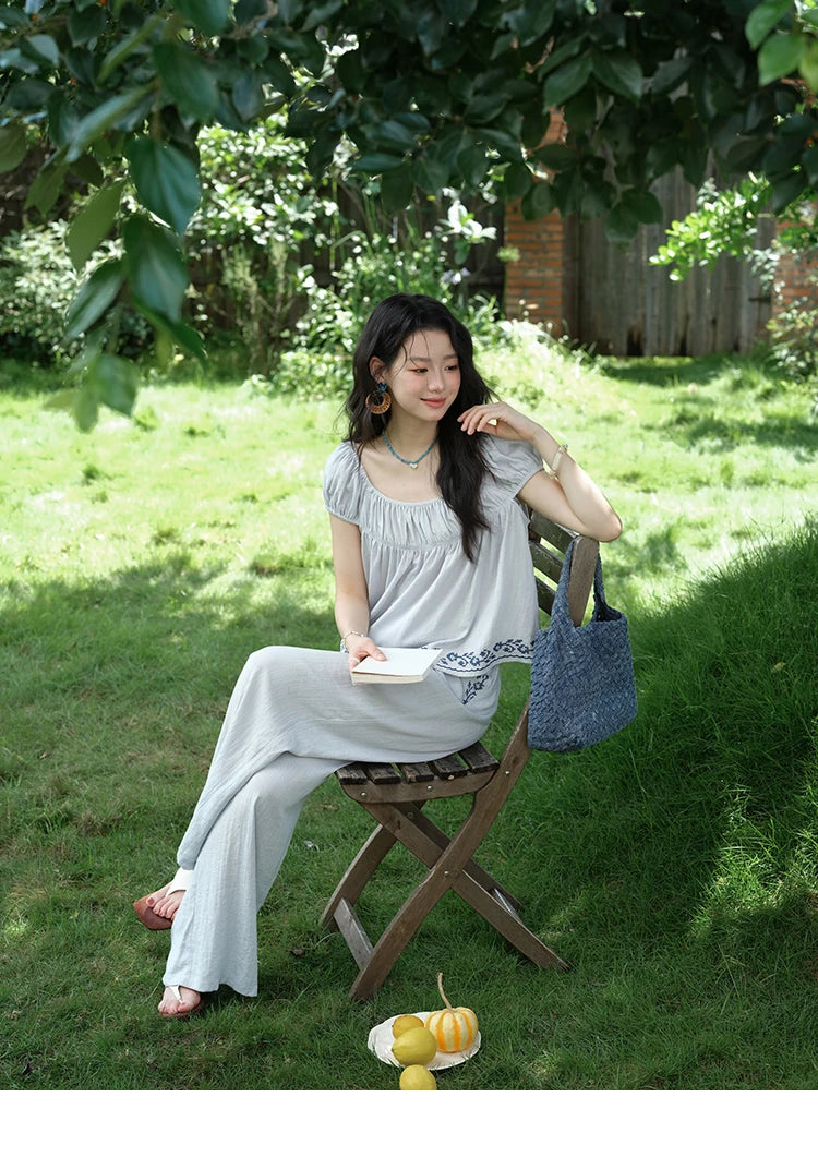 MISHOW Women's Two Piece Set 2025 Summer New Embroidery Flower Round Neck Blouse Fashion Pocket Wide Leg Pants Set MXE39T0669