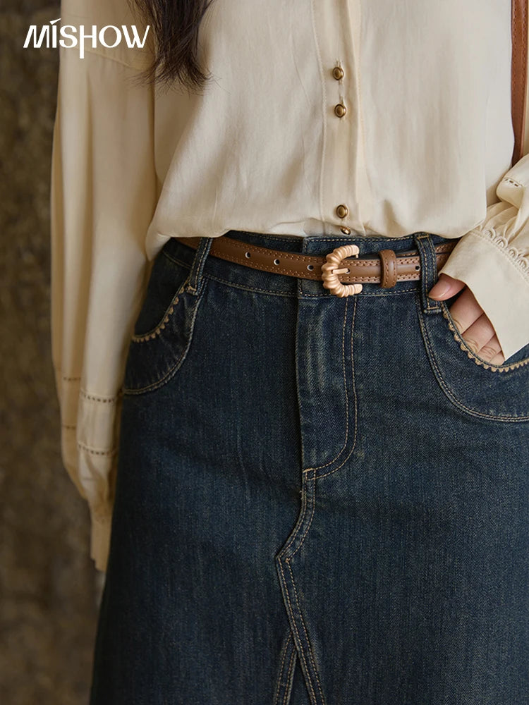 MISHOW High Waist Slim Denim Skirt for Women Autumn 2025 Fashion Pocket Skirt Rear Hem Split Casual Skirt Office Lady MXE41B2379