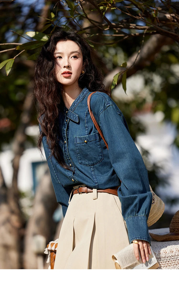 MISHOW 100 Cotton Denim Shirt French Retro Long Sleeved Shirt for Women 2025 Spring Loose Fit O Neck Casual Shirt Top MXE12C0384