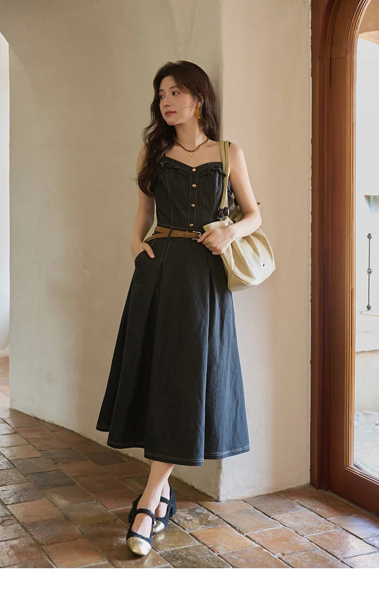 MISHOW Women's Two-Piece Set 2025 Lantern Sleeves Knitted Cardigan Imitation Denim Strap Dress Set With Belt Included MXE41T0704