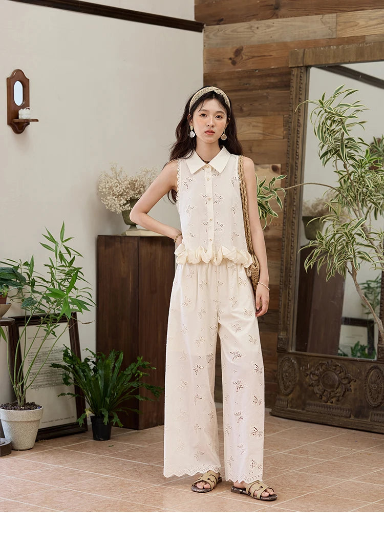 MISHOW 100 Cotton Butterfly Hollow Lace Lapel Shirt for Women Single Breasted Elegant Breathable Shirts with Tube Top MXE34X1808