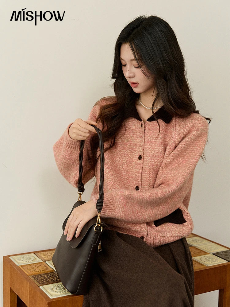 MISHOW Women's Pink Knitted Cardigan Autumn Winter Contrast Collar Bow Pocket Top Single-breasted Loose Warm Sweater MXE94Z2957