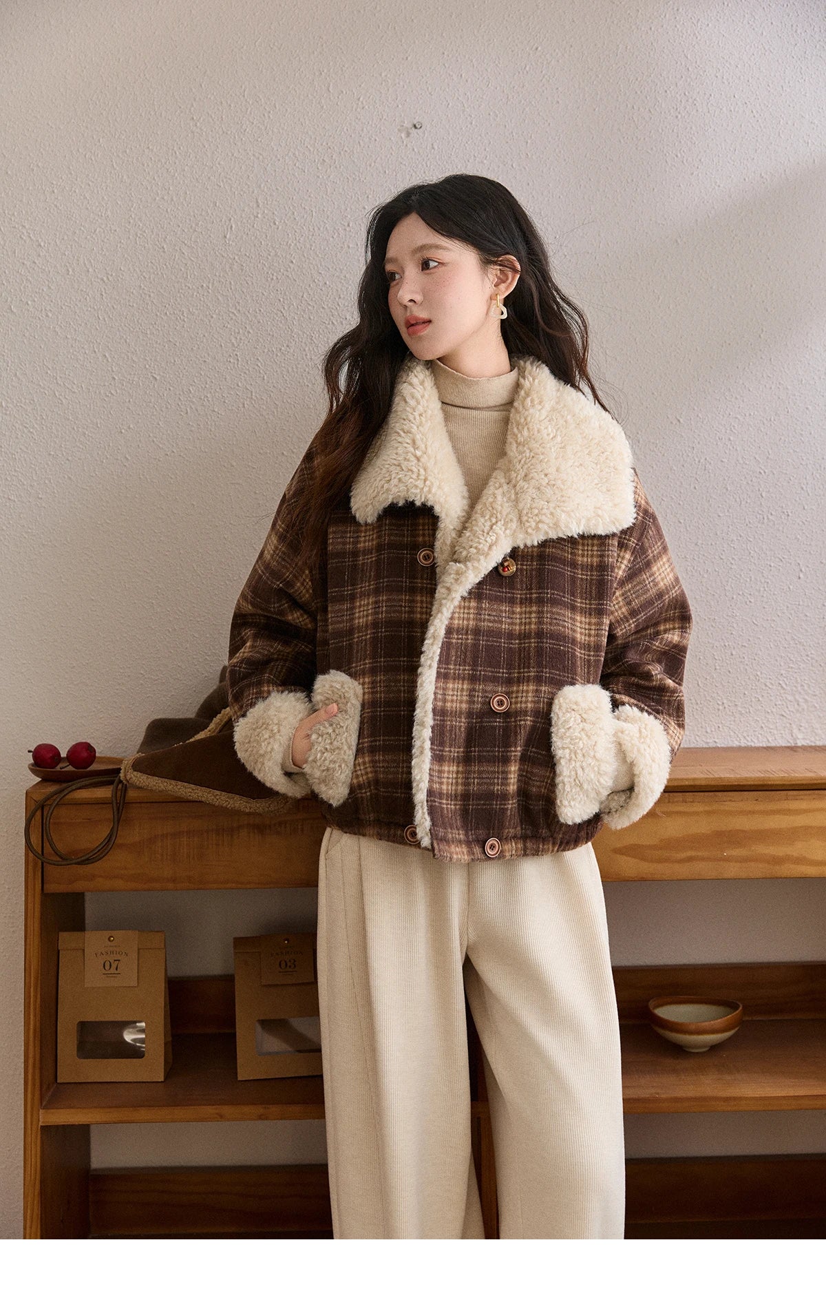 MISHOW Christmas Women's Retro Plaid Jacket 2025 Winter Large Lapel Tops Thickened Cotton-Padded Warm Short Coat MXE87W1004