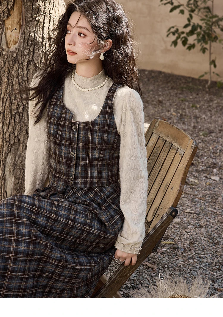 MISHOW Blue Plaid Vest Retro Skirt Separately Women 2024 Winter Retro Plaid Irregular Square Collar Top Midi Skirt MXD44W0454